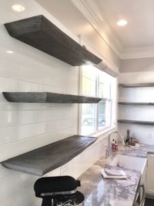 rustic chic, rough cut live edge open floating kitchen shelves