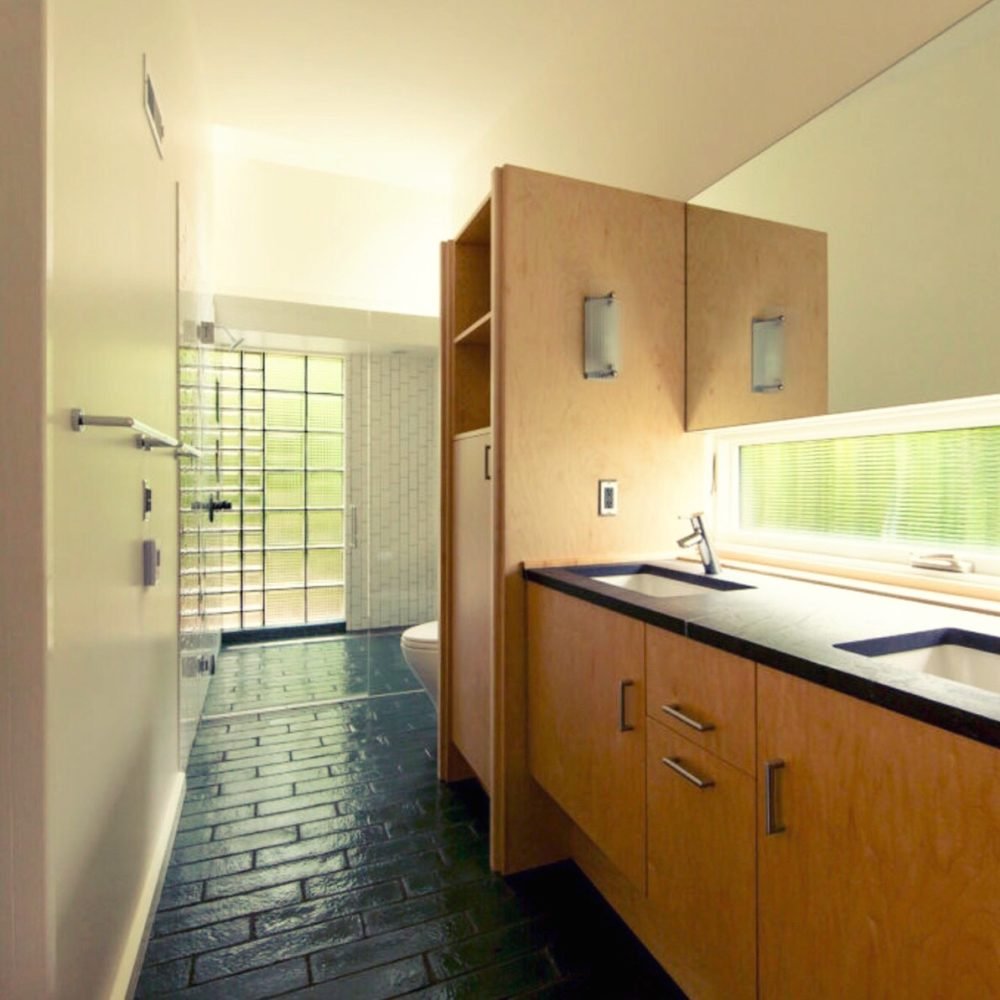 grain matched modern maple bathroom vanity & linen closet