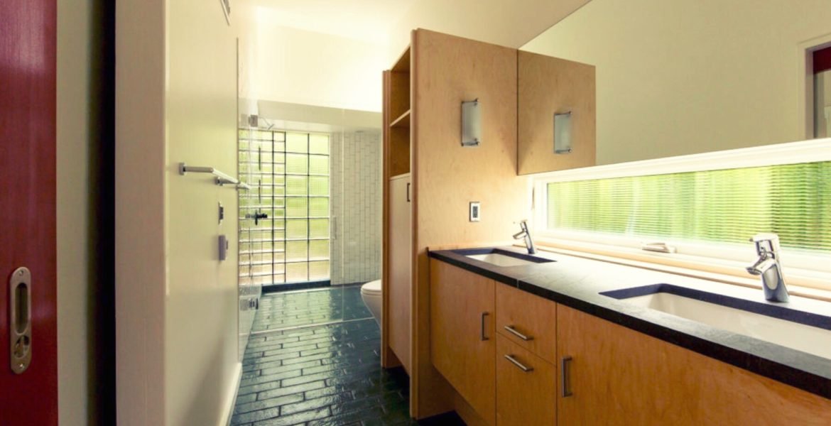 grain matched modern maple bathroom vanity & linen closet