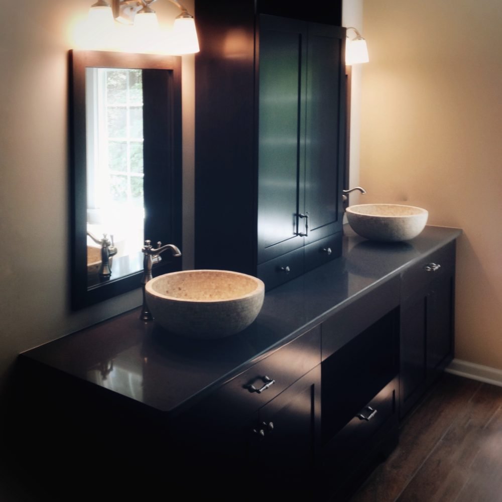 Contemporary, espresso stained maple double vessel sink vanity