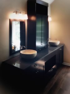 Contemporary, espresso stained maple double vessel sink vanity