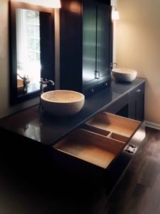 Contemporary, espresso stained maple double vessel sink vanity