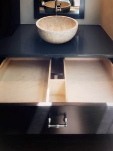 Contemporary, espresso stained maple double vessel sink vanity