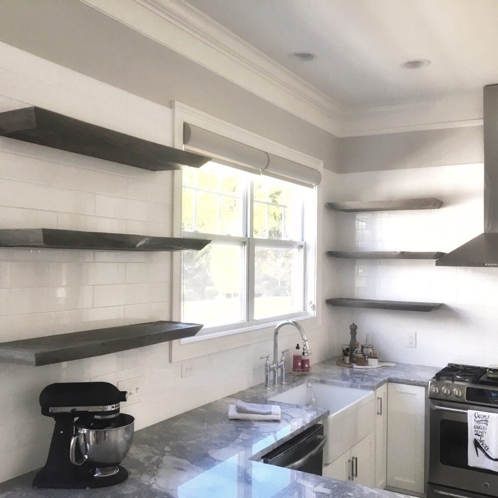 rustic chic, rough cut live edge open floating kitchen shelves