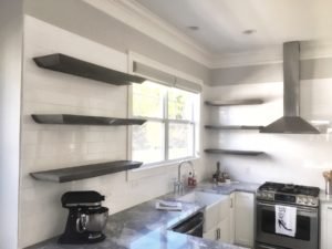 rustic chic, rough cut live edge open floating kitchen shelves